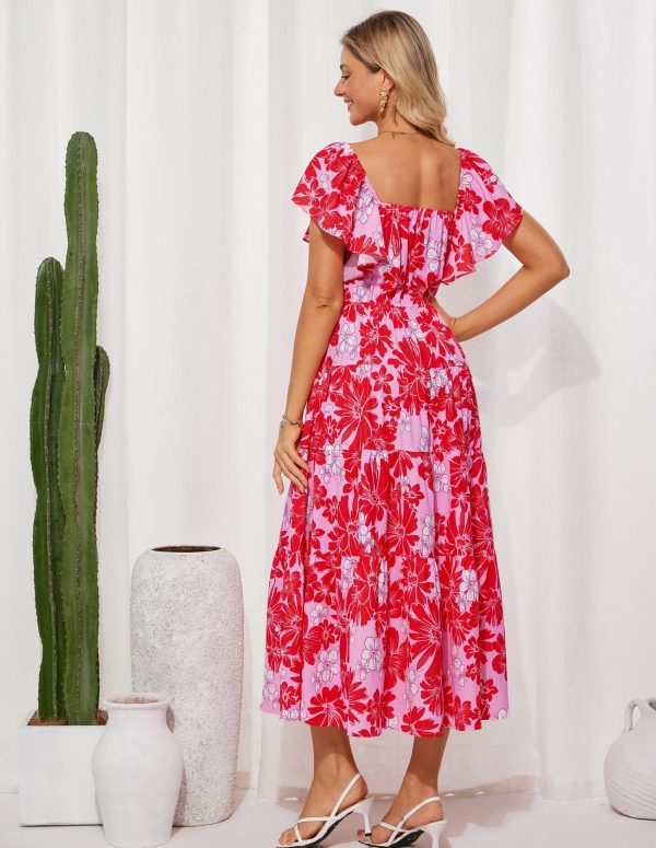 Womens 2025 Floral Summer V-Neck Ruffle Sleeve Empire Waist A-Line Casual Maxi Tiered Dress with Pockets