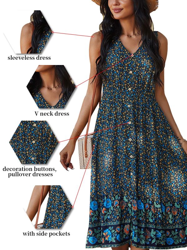 Women Dress Summer Sleeveless Bohemian: Floral V Neck Button Down Flowy Boho Dresses S-XL