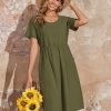 Womens Summer Midi Dress Casual Short Sleeve A-Line Cotton Linen Dress Flowly Beach Tunic Sundresses with Pockets 2025