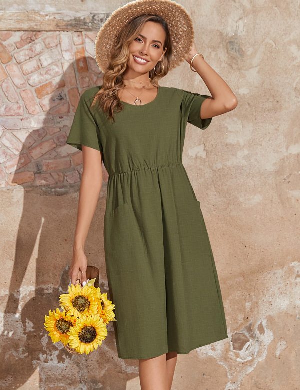 Womens Summer Midi Dress Casual Short Sleeve A-Line Cotton Linen Dress Flowly Beach Tunic Sundresses with Pockets 2025