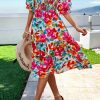Women's Summer Casual Dresses 2025 Spring Puff Sleeve Square Neck A-line Flowy Boho Floral Smocked Midi Dress