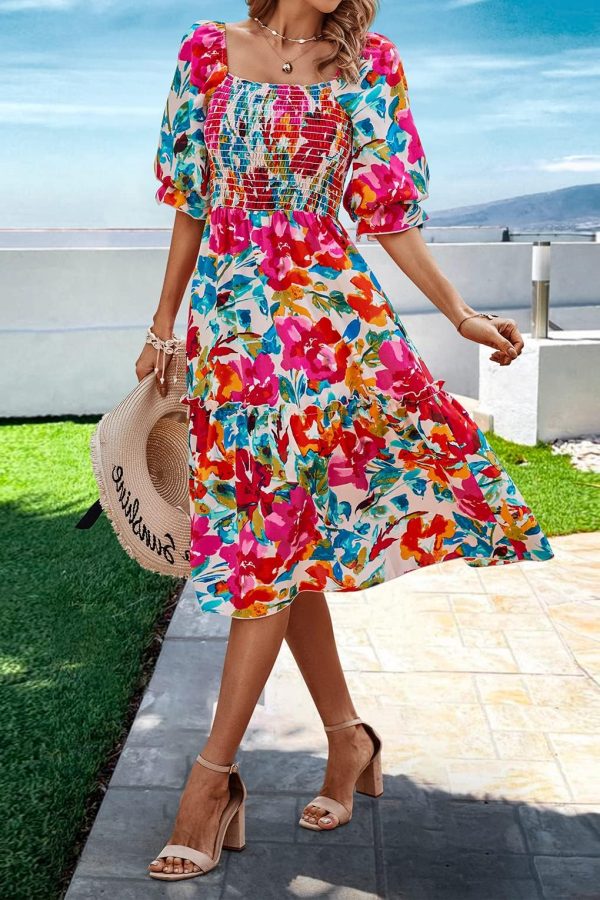 Women's Summer Casual Dresses 2025 Spring Puff Sleeve Square Neck A-line Flowy Boho Floral Smocked Midi Dress