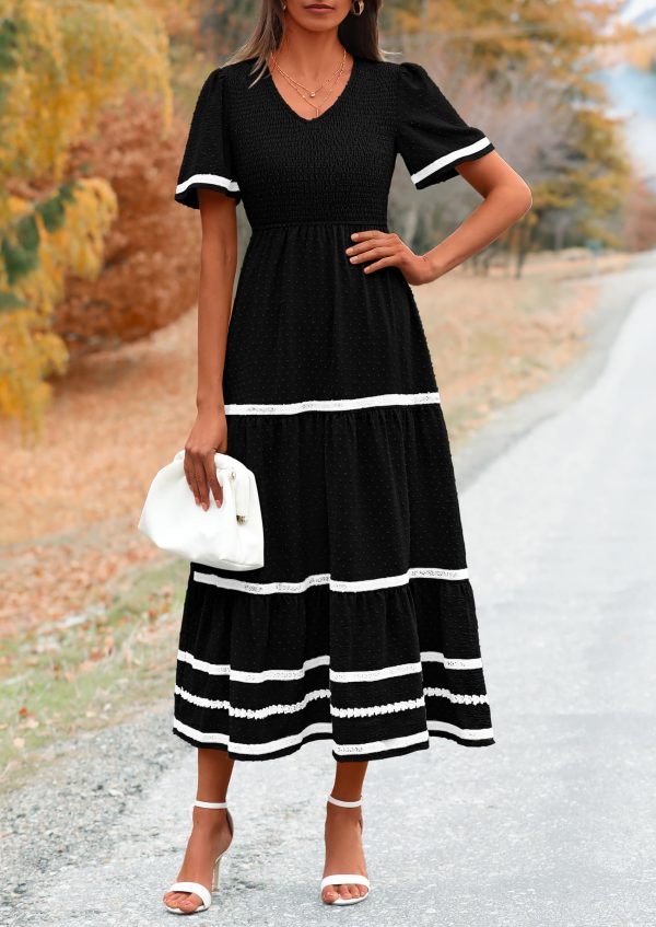 Women's Casual Summer Maxi Dress Short Sleeve Swiss Dot V Neck Smocked Long Flowy Beach Dresses
