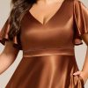 Summer V Neck Satin Short Sleeves Plus Size Formal Wedding Guest Dresses for Curvy Women with Pockets