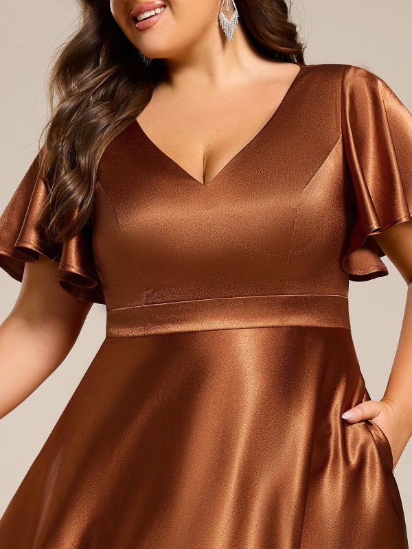 Summer V Neck Satin Short Sleeves Plus Size Formal Wedding Guest Dresses for Curvy Women with Pockets