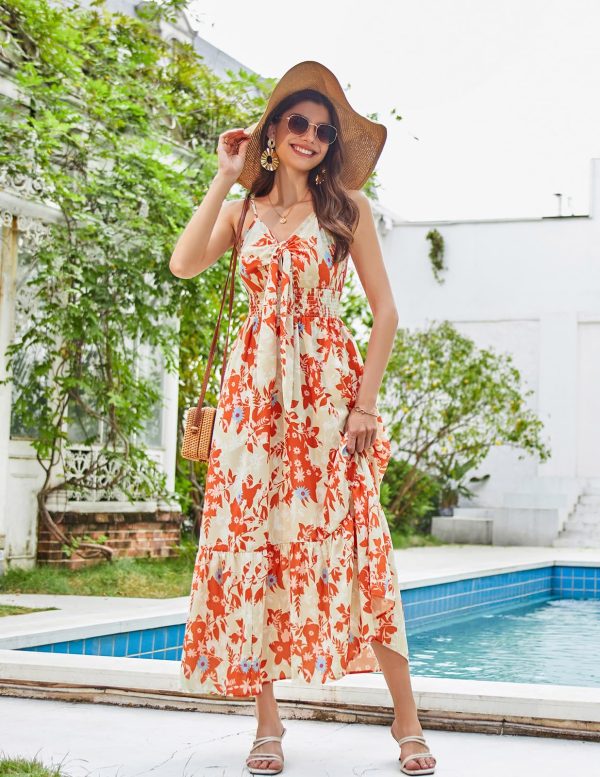 Women's 2025 Summer Maxi Dress Floral Tie Front Spaghetti Strap Casual Boho Beach Flowy Sundress with Pockets