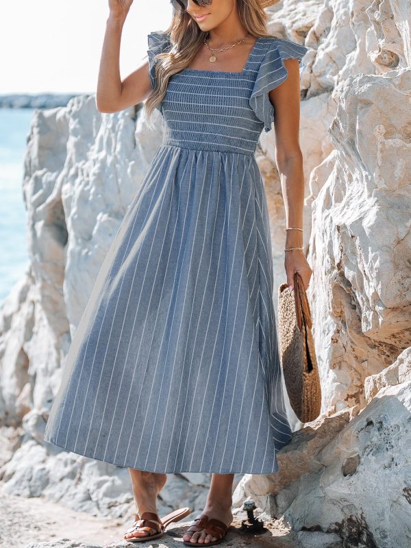 Women's Summer Dress Square Neck Striped Smocked Dress Ruffled Cap Sleeves Dress A Line Maxi Formal Dress