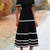 Women's Casual Summer Maxi Dress Short Sleeve Swiss Dot V Neck Smocked Long Flowy Beach Dresses