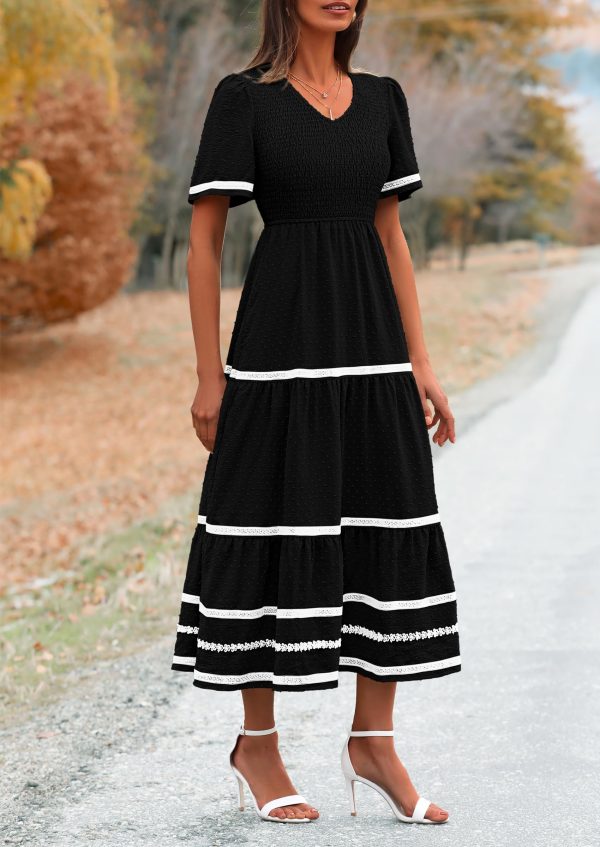 Women's Casual Summer Maxi Dress Short Sleeve Swiss Dot V Neck Smocked Long Flowy Beach Dresses