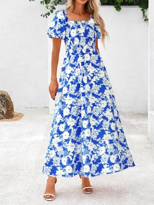 Womens Summer 2025 Casual Maxi Dresses Short Sleeve Smocked Tiered Floral Boho Long Beach Dress with Pockets