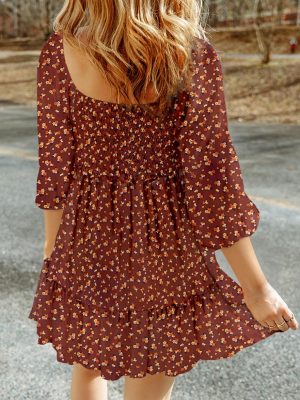 Spring Dresses for Women 2025 Boho Floral Square Neck Smocked 3/4 Sleeve Casual A-Line Swing Mini Dress Sundress