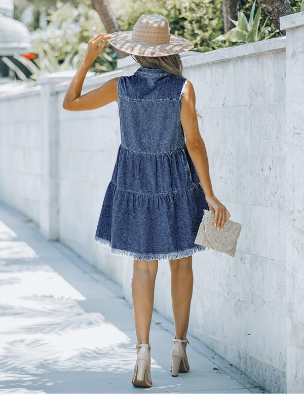 Women's Casual Summer Lapel Sleeveless Button Down Short Denim Jean Dress