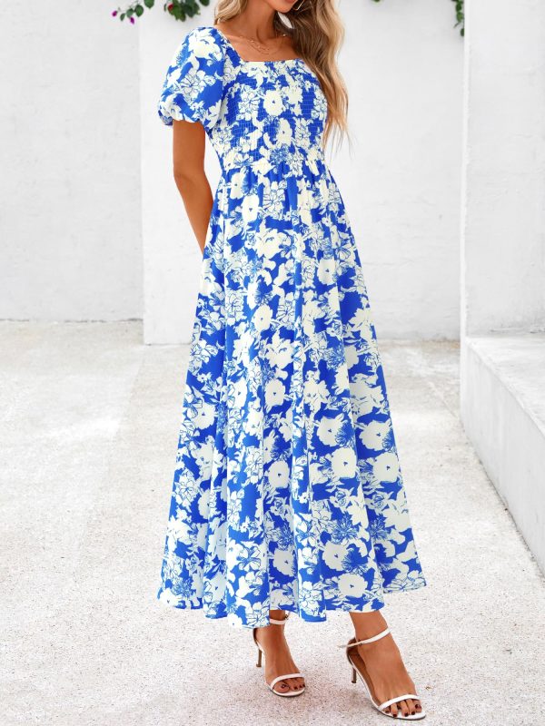 Womens Summer 2025 Casual Maxi Dresses Short Sleeve Smocked Tiered Floral Boho Long Beach Dress with Pockets