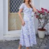 Women's 2025 Summer Midi Floral Boho Dresses Casual Flowy Beach Short Sleeve Dress Ruffle Hem Smocked Sundresses