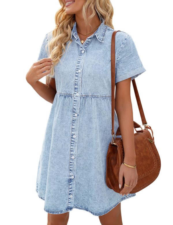 Women's Short Sleeve Button Down Flowy Tiered Babydoll Denim Dress