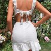 Women's Dress Backless Knot Ruffle Trim Textured Dress Dress IPADSA (Color : White, Size : Small)