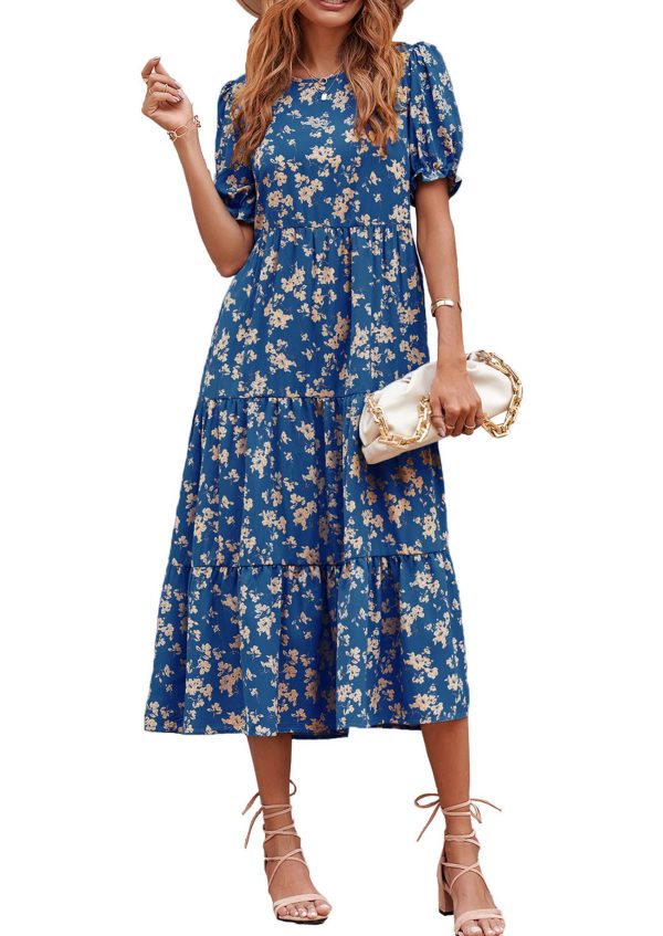 Women's Summer Casual Floral Boho Dress Puff Short Sleeve Ruffle Flowy Beach Party Midi Dresses