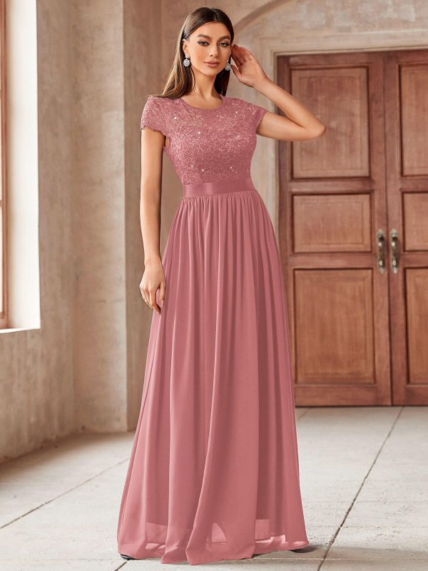 Women's Classy Scoop Neck Sequin Lace Contrast Bridesmaid Party Maxi Dress