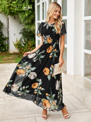 Simplee Womens Summer Floral Casual Maxi Dresses Flutter Short Sleeve Crew Neck Smocked Chiffon Boho Flowy Dress