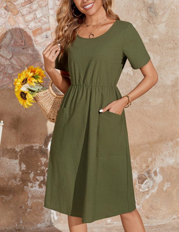 Womens Summer Midi Dress Casual Short Sleeve A-Line Cotton Linen Dress Flowly Beach Tunic Sundresses with Pockets 2025