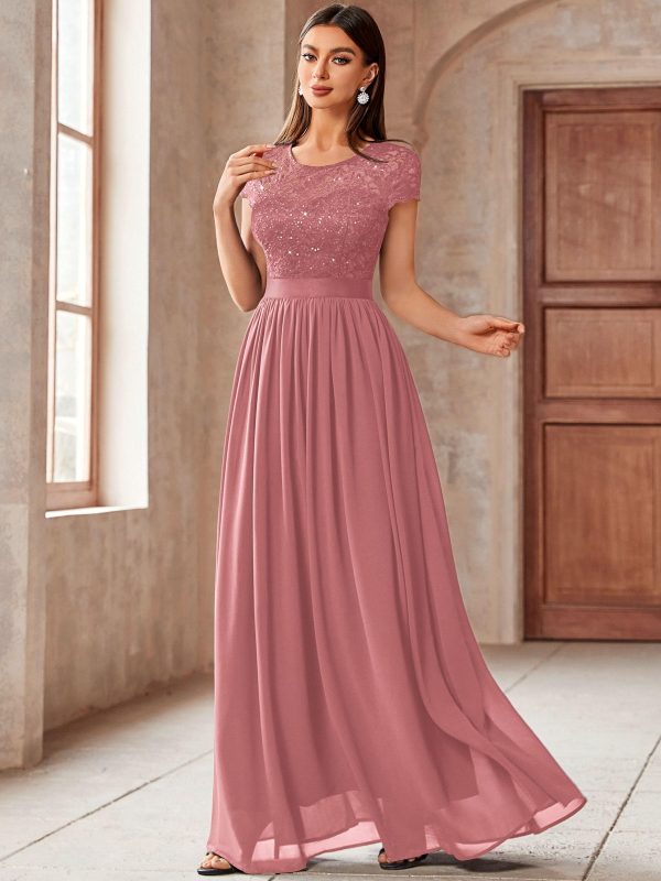 Women's Classy Scoop Neck Sequin Lace Contrast Bridesmaid Party Maxi Dress