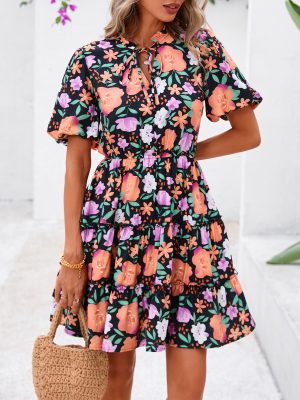 Women Summer Floral Short Dresses V Neck Short Sleeve Tiered Ruffle Boho Swing Dress A-Line Mini Dresses