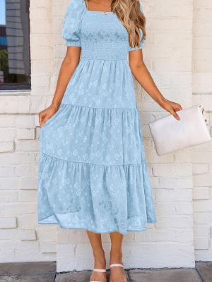 Women's 2025 Summer Casual Midi Dresses Square Neck Short Sleeve Smocked A Line Floral Flowy Elegant Boho Dress