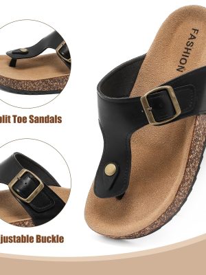 Leather Thong Cork Sandals for Men & Women, Water-Resistant Flip Flops with Cork Footbed & Memory Foam, Comfortable Summer