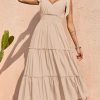 Women's Cross Neck Summer Sleeveless Tiered Maxi Dress Beach Tie Strap Smocked Long Dresses Pleated Sundress
