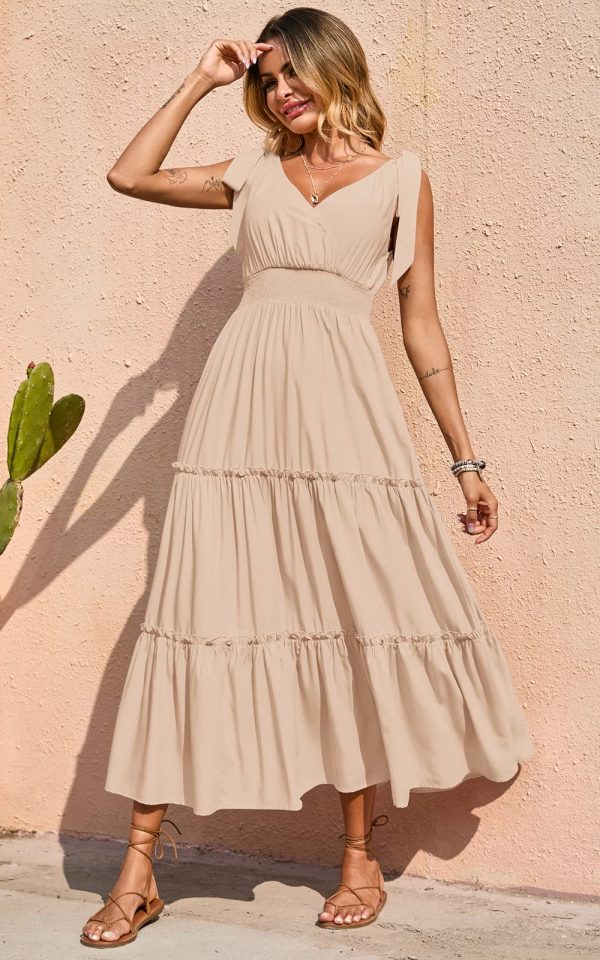 Women's Cross Neck Summer Sleeveless Tiered Maxi Dress Beach Tie Strap Smocked Long Dresses Pleated Sundress