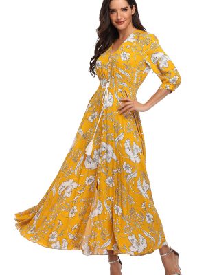 Summer Floral Print Maxi Dress Women Button Up Split Long Flowy Bohemian Beach Party Dresses