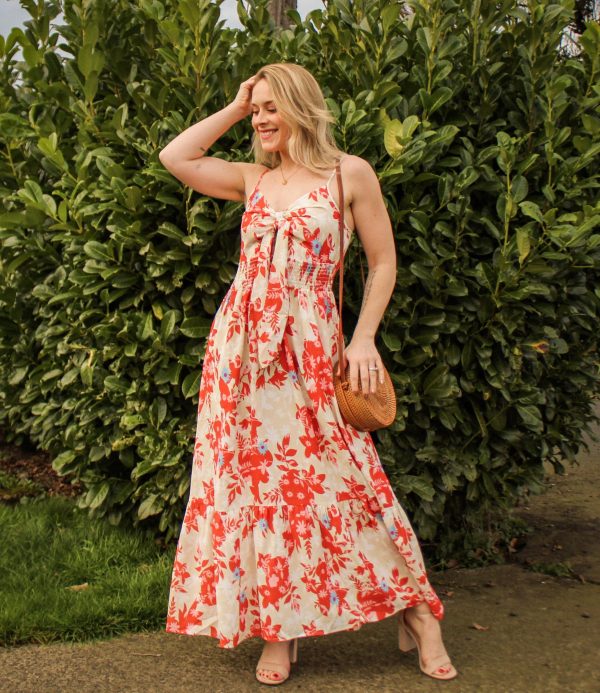 Women's 2025 Summer Maxi Dress Floral Tie Front Spaghetti Strap Casual Boho Beach Flowy Sundress with Pockets