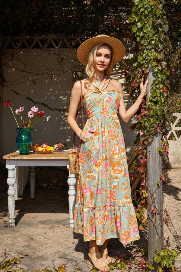 2025 Women's Criss Cross Halterneck Sleeveless Summer Floral Print Flowy A Line Maxi Dress