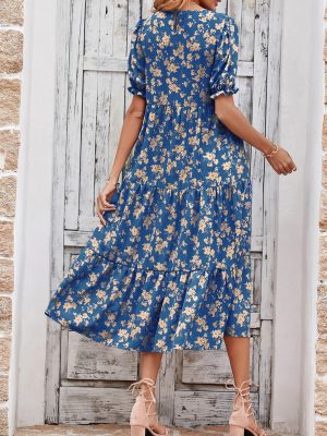 Women's Summer Casual Floral Boho Dress Puff Short Sleeve Ruffle Flowy Beach Party Midi Dresses