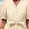 Women's Summer Midi Dress 2025 Casual Short Sleeve V Neck Buttons Belted Ruffle A Line Flowy Dress with Pockets