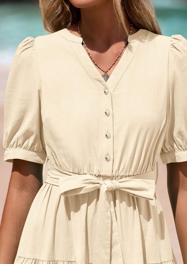 Women's Summer Midi Dress 2025 Casual Short Sleeve V Neck Buttons Belted Ruffle A Line Flowy Dress with Pockets