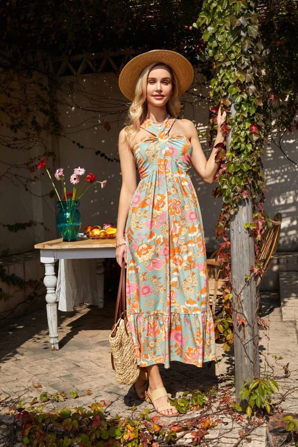 2025 Women's Criss Cross Halterneck Sleeveless Summer Floral Print Flowy A Line Maxi Dress