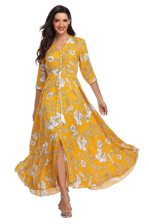 Summer Floral Print Maxi Dress Women Button Up Split Long Flowy Bohemian Beach Party Dresses