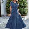 Womens Summer Swiss Dot Maxi Dressses Wrap V Neck Flutter Short Sleeve Boho Casual Flowy Long Wedding Guest Dress