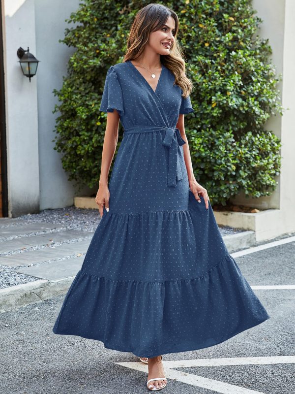 Womens Summer Swiss Dot Maxi Dressses Wrap V Neck Flutter Short Sleeve Boho Casual Flowy Long Wedding Guest Dress