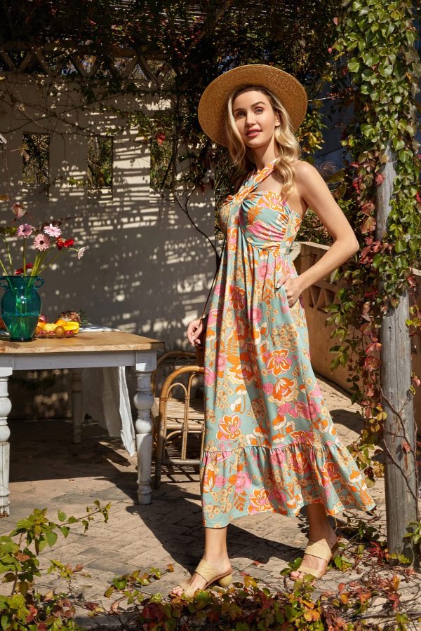 2025 Women's Criss Cross Halterneck Sleeveless Summer Floral Print Flowy A Line Maxi Dress
