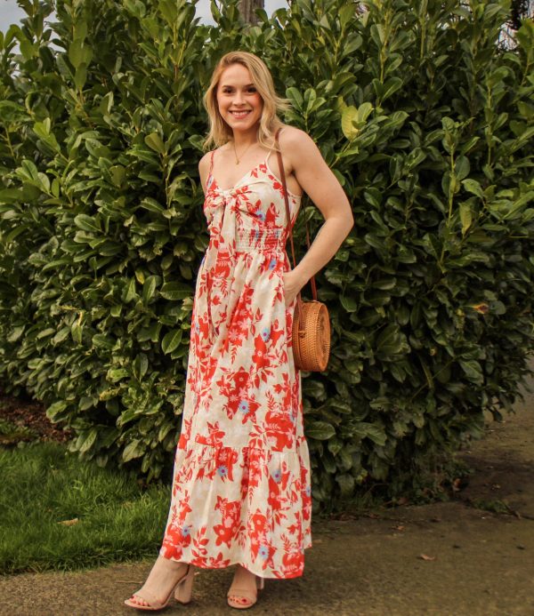Women's 2025 Summer Maxi Dress Floral Tie Front Spaghetti Strap Casual Boho Beach Flowy Sundress with Pockets