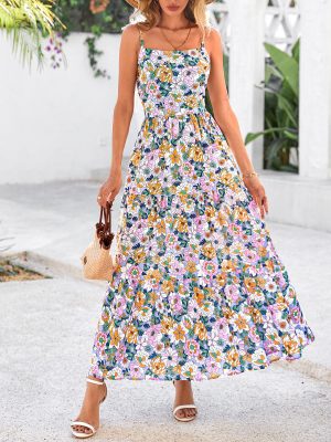Women's Summer Dress 2025 Casual Floral Boho Maxi Dresses Sleeveless Spaghetti Strap Long Beach Sun Dresses