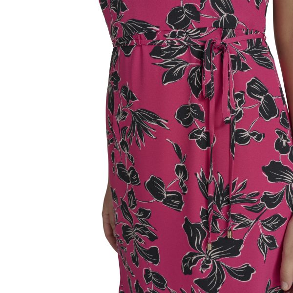 Women's Short Sleeve Pleated Hem Rope Belt Midi Dress