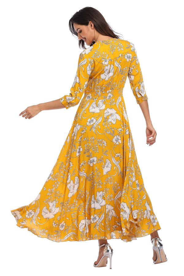 Summer Floral Print Maxi Dress Women Button Up Split Long Flowy Bohemian Beach Party Dresses