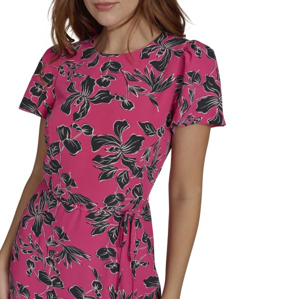 Women's Short Sleeve Pleated Hem Rope Belt Midi Dress
