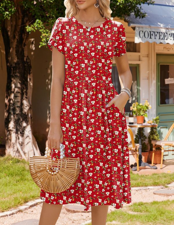 Women's Summer Short Sleeve A-Line Midi Dresses Casual Floral T-Shirt Dress Flowy Beach Sundress with Pockets