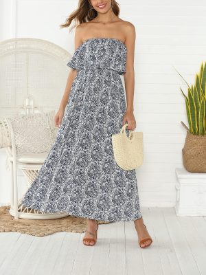 Women's Summer Off The Shoulder Maxi Dress Ruffle Strapless Blue White Porcelain Boho Casual Loose Long Dresses