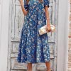Women's Summer Casual Floral Boho Dress Puff Short Sleeve Ruffle Flowy Beach Party Midi Dresses