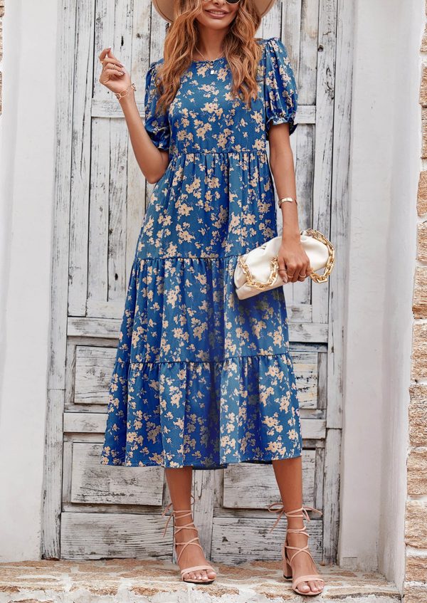 Women's Summer Casual Floral Boho Dress Puff Short Sleeve Ruffle Flowy Beach Party Midi Dresses